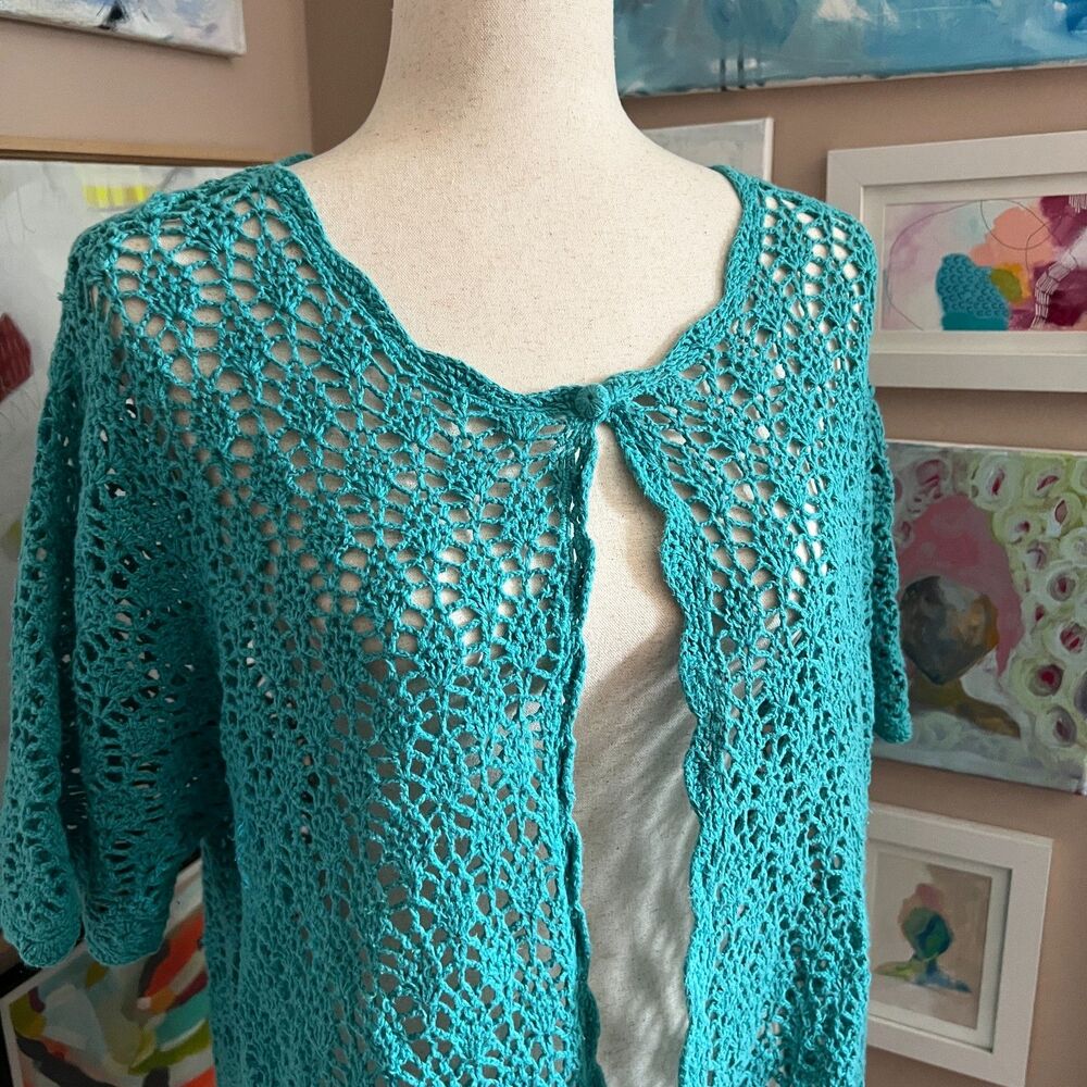 Teal Crochet Short Sleeve Open Knit One Button Cardigan Boho Beachy y2k Coastal - Picture 2 of 7